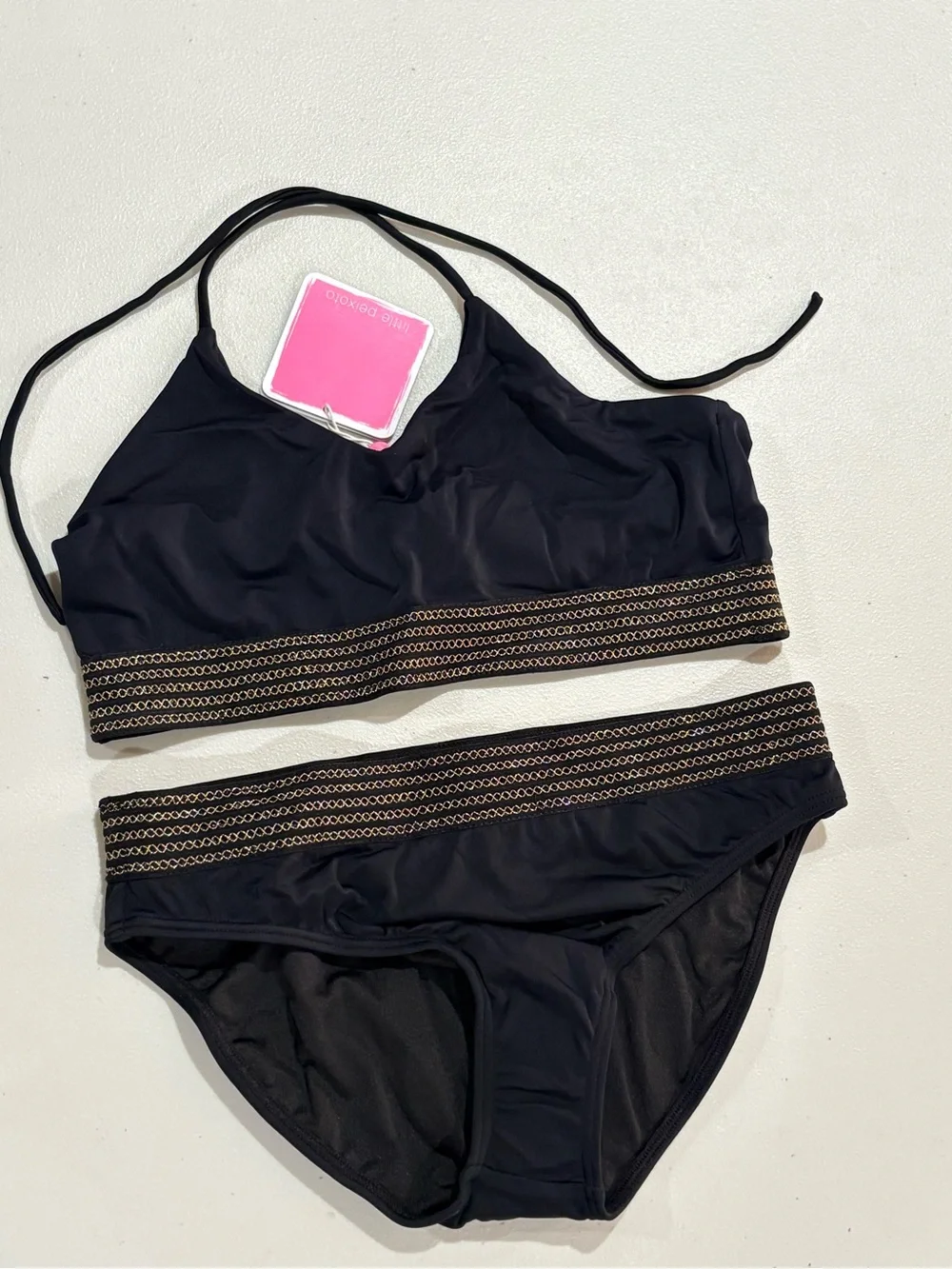 Black Halter Bikini Set with Gold Accent Trim